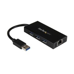 StarTech.com 3 Port Portable USB 3.0 Hub with Gigabit Ethernet Adapter NIC - Aluminum w/ Cable (ST3300GU3B), image 