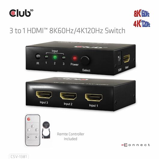 CLUB3D 3 to 1 HDMI™ 8K60Hz/4K120Hz Switch / HDMI / HDM | CSV-1381