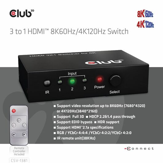 CLUB3D 3 to 1 HDMI™ 8K60Hz/4K120Hz Switch / HDMI / HDM | CSV-1381