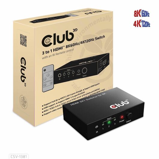 CLUB3D 3 to 1 HDMI™ 8K60Hz/4K120Hz Switch / HDMI / HDM | CSV-1381